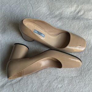 Prada Patent Leather Beige Block Heel Pumps